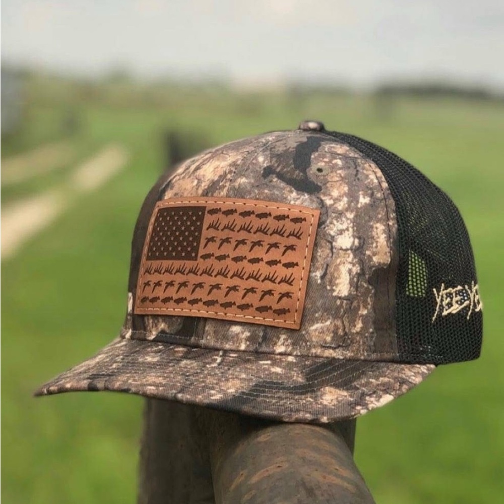 Yee Yee Apparel Co Leather Flag Fishing Hunting Camo Snap Back Trucker Hat